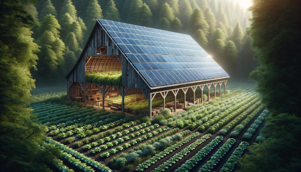 hangar agricole avec des panneaux solaires dessus et en dessous des plantations