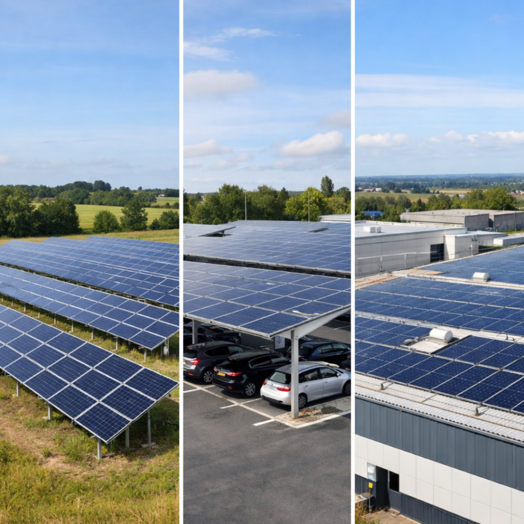 Solutions photovoltaïques en entreprise : centrale au sol, ombrières solaires et panneaux en toiture